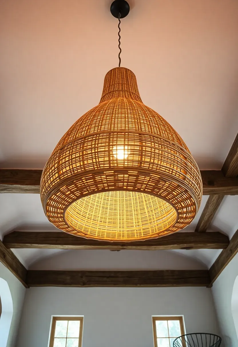 Hyper-realistic view looking up at large-scale woven rattan pendant light in rustic minimalist living room with exposed beam ceiling. Materials: natural rattan dome shade, warm bulb glow visible, rough oak beams, white plaster ceiling. Ambient lighting from fixture creating warm glow overhead. Architectural composition with fixture as dominant ceiling element. No text, no logos, lighting design magazine style.</p>