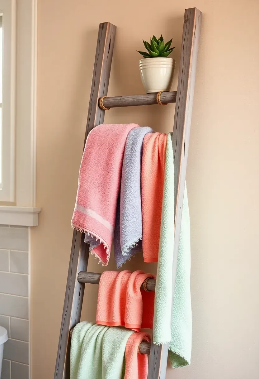 Driftwood-style towel ladder leaning against a rental bathroom wall with pastel towels draped across rungs, no drilling needed