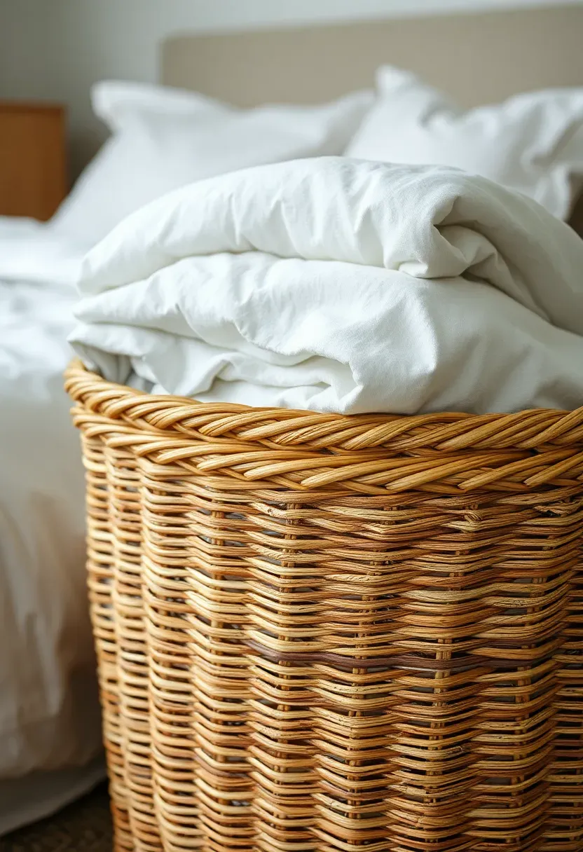 Hyper-realistic 3/4 view of large woven seagrass basket with folded linen blankets inside. Materials: natural seagrass weave, linen throws, white bed linens visible in background. Soft diffused light, neutral palette, organized storage mood. Sharp focus on basket weave texture, visible bedroom context. No text, no logos, no watermarks.</p>