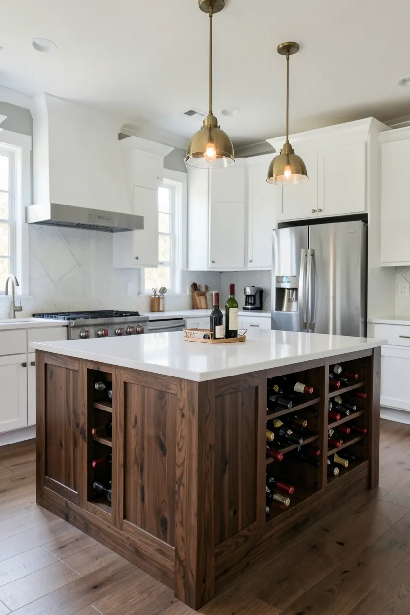 Walnut kitchen island with built-in wine storage rack and warm wood tones — multi-functional entertaining centerpiece