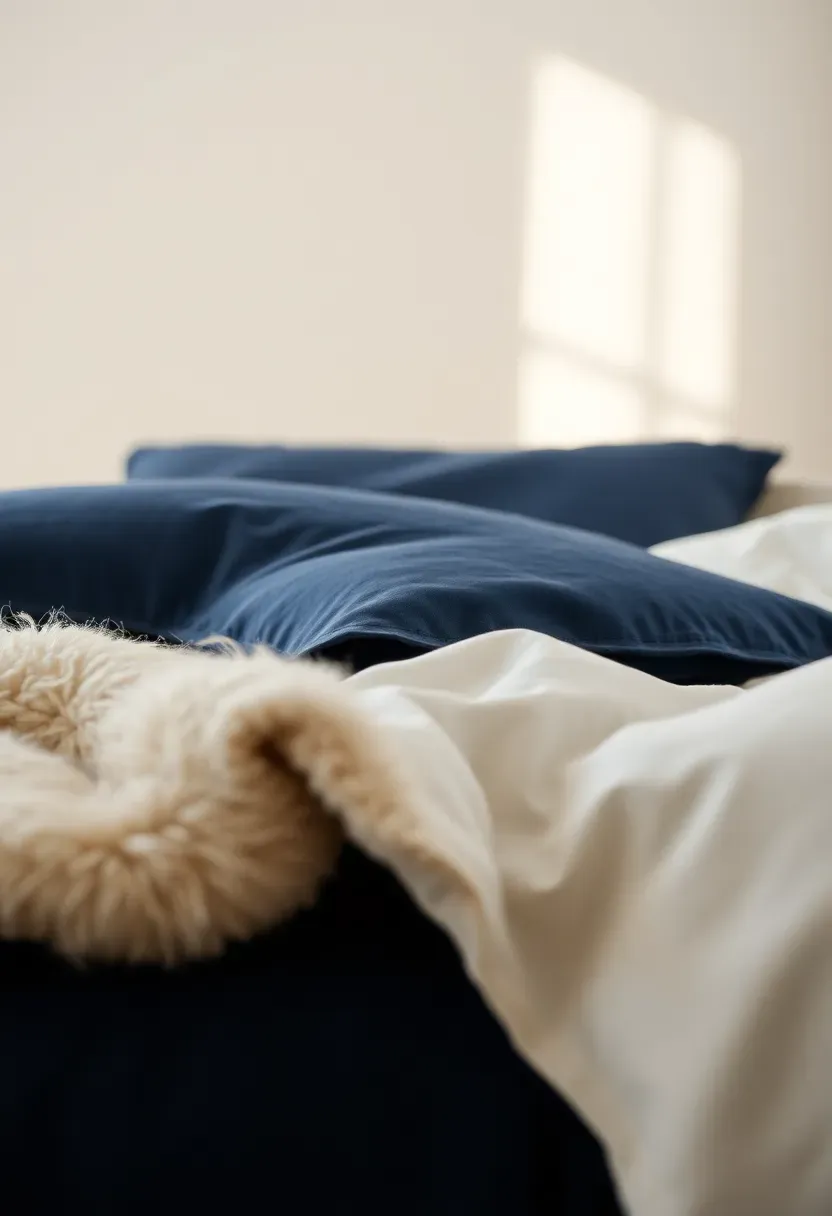 Tonal navy bedding with a mohair throw