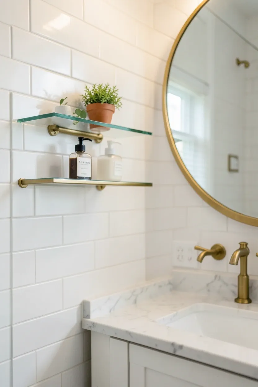 Brushed brass outlet cover plate replacing basic white plastic in a bathroom, small finishing detail that elevates the overall look