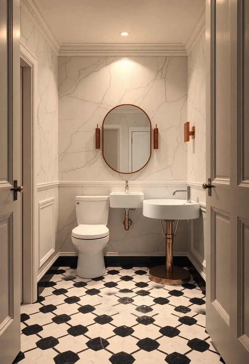 Classic black and white marble hexagon mosaic floor in an elegant powder room with white pedestal sink and vintage gold mirror