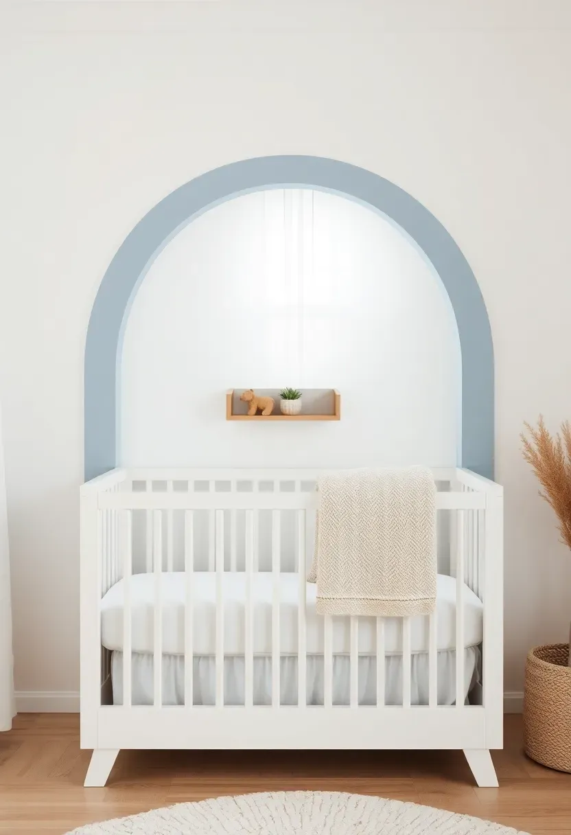 Modern nursery with a painted arch detail on the wall in soft dusty blue creating a headboard-like frame behind a white crib