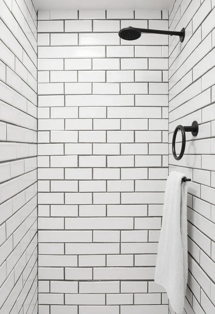 bathroom tile wall with dramatic dark grout lines creating bold grid pattern