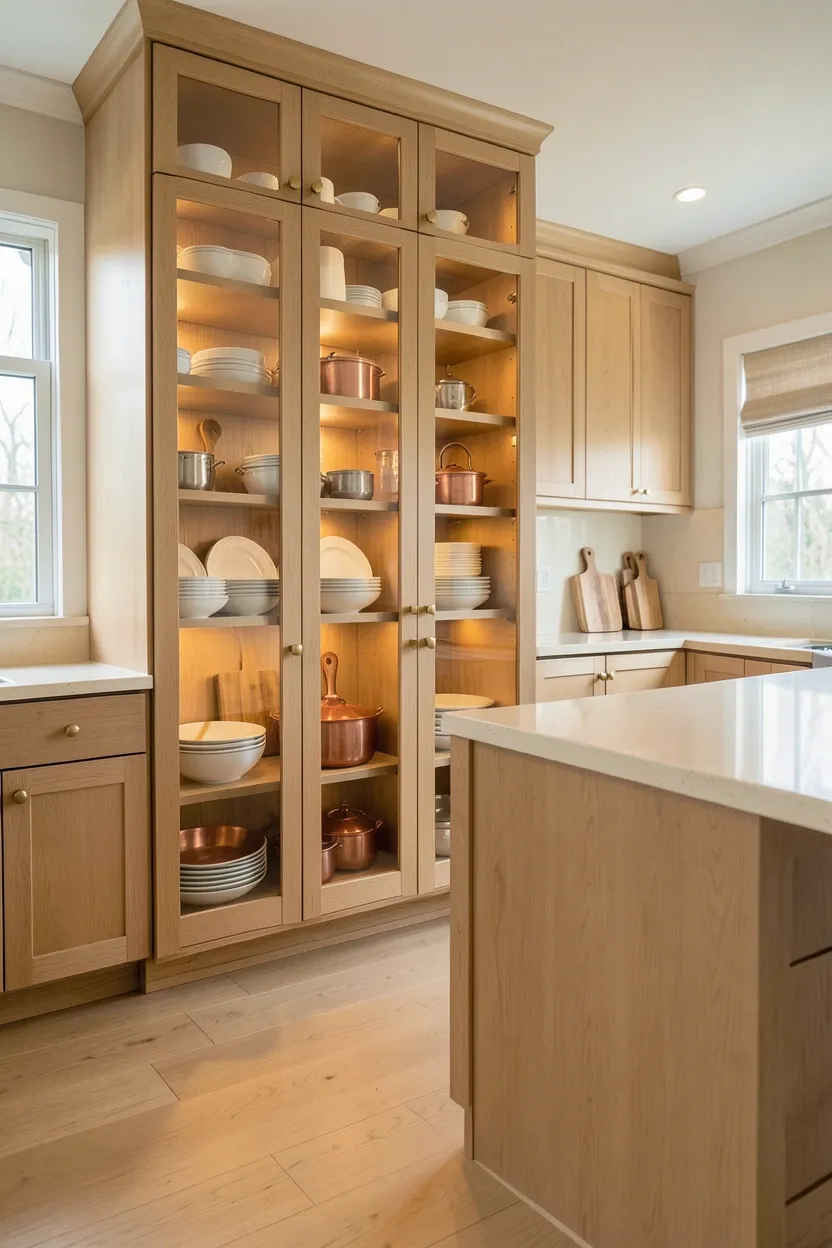Hyper-realistic wide shot of a fall kitchen with built-in glass-door pantry. Floor-to-ceiling pantry cabinet with light oak frame and glass doors. Behind glass, neatly arranged white ceramic dishes, wooden cutting boards, and copper pots are visible. Glass has subtle warm amber tint. Surrounding kitchen features light oak shaker cabinets. Large island in same oak with waterfall edge. Brass hardware. Warm cream quartz countertop. Natural light from windows. Clean surfaces. No text, no logos, no watermarks.</p>