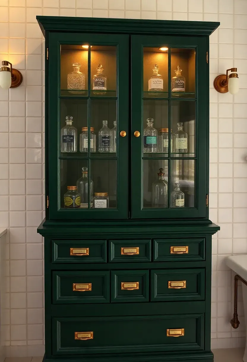 Tall dark green apothecary-style bathroom cabinet with glass doors and small labeled drawers