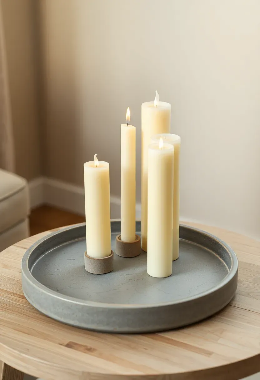 Three pillar candles at varying heights on a ceramic tray on a side table