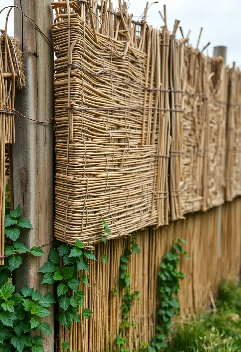 Reed and willow screening panels attached to a garden fence with natural woven texture and green plants growing alongside