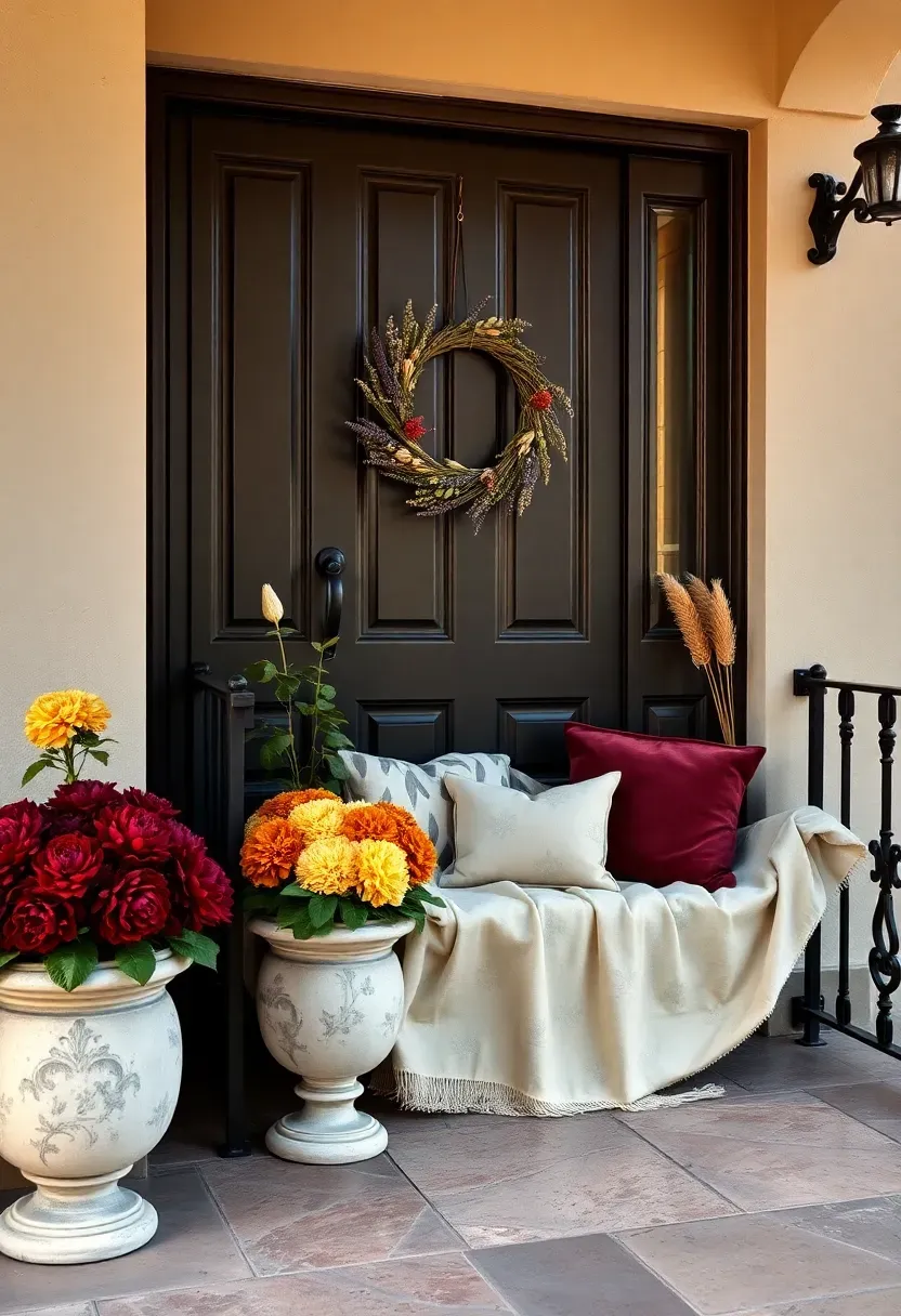 Hyper-realistic wide shot of a French provincial front porch with elegant fall decor. Limestone planters in classical shapes contain mums in deep burgundy, antique gold, and cream. A wreath with dried lavender, wheat, and olive branches hangs on the dark wood front door. A linen throw in cream with subtle toile pattern drapes over a bench. Velvet pillows in burgundy and gold. Porch has stucco walls in warm cream and stone flooring. Black wrought iron railing details. Soft warm afternoon light. Visible limestone facade. No text, no logos, no watermarks.</p>