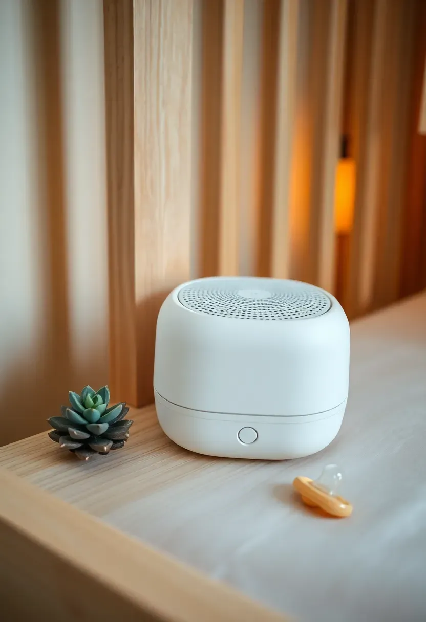 compact portable white noise machine for baby on a nightstand next to a crib in a softly lit nursery