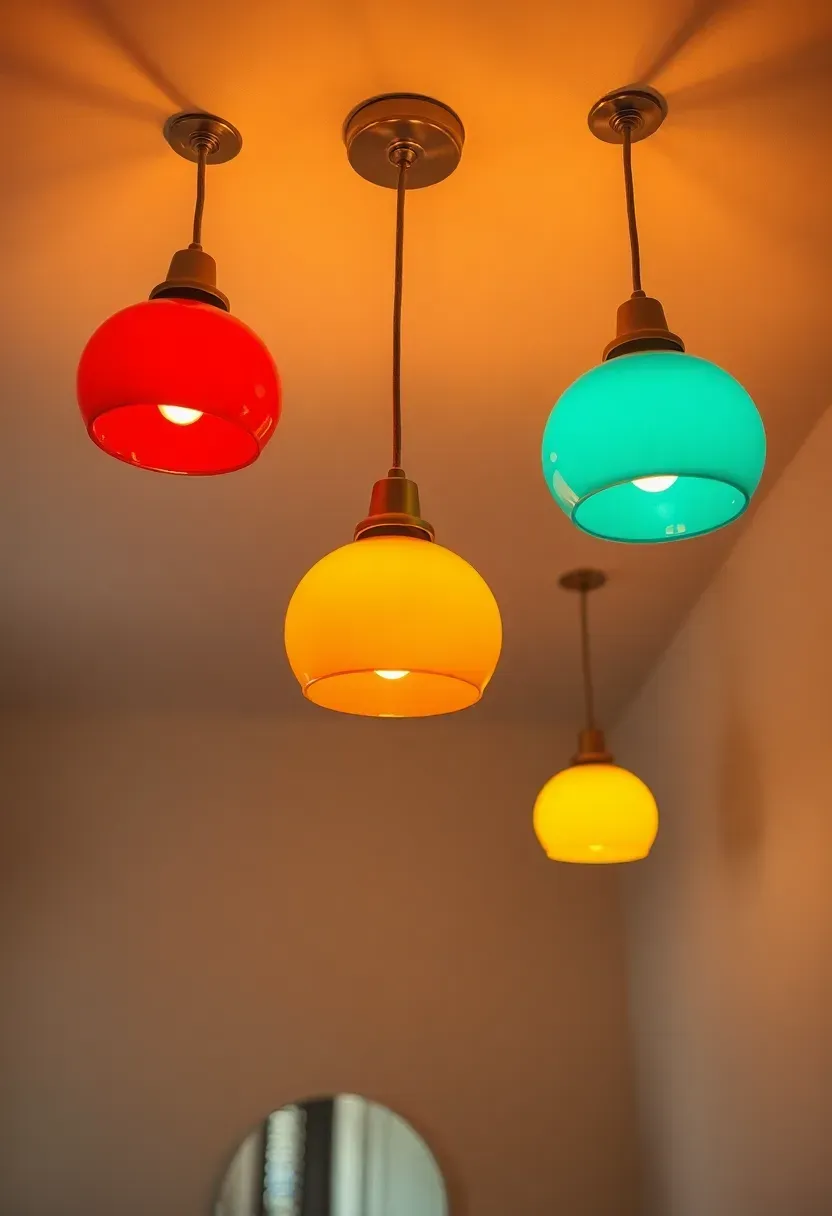 Playful hotel bathroom lighting with star-shaped sconces and colorful pendant lights in Toca Boca style