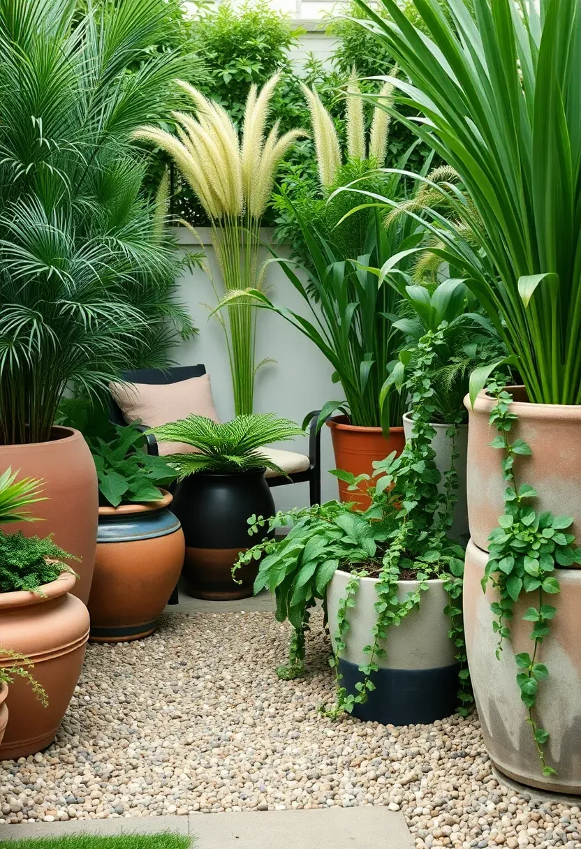 Dense border of potted plants and tall grasses surrounding a small backyard sun room creating a living green wall effect