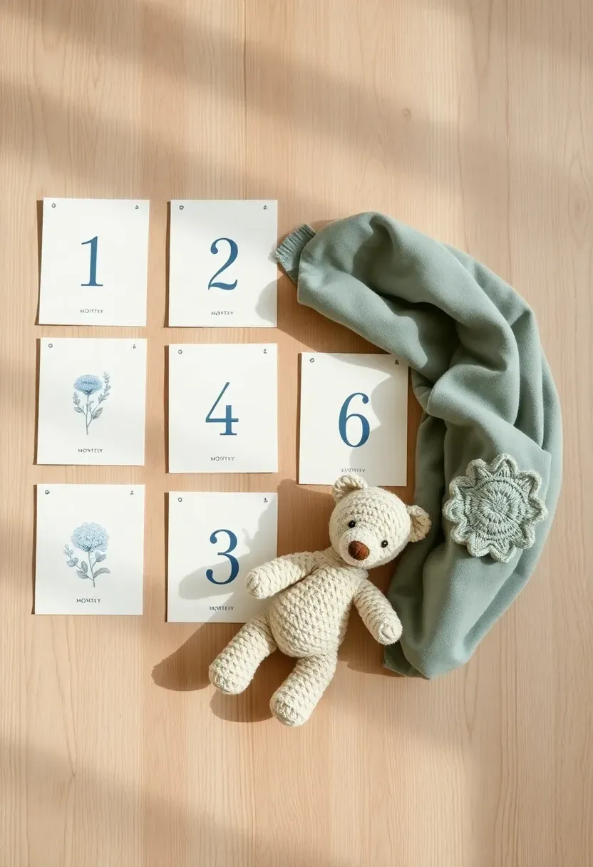 monthly baby photo milestone cards and props arranged in a flat lay with a stuffed bear