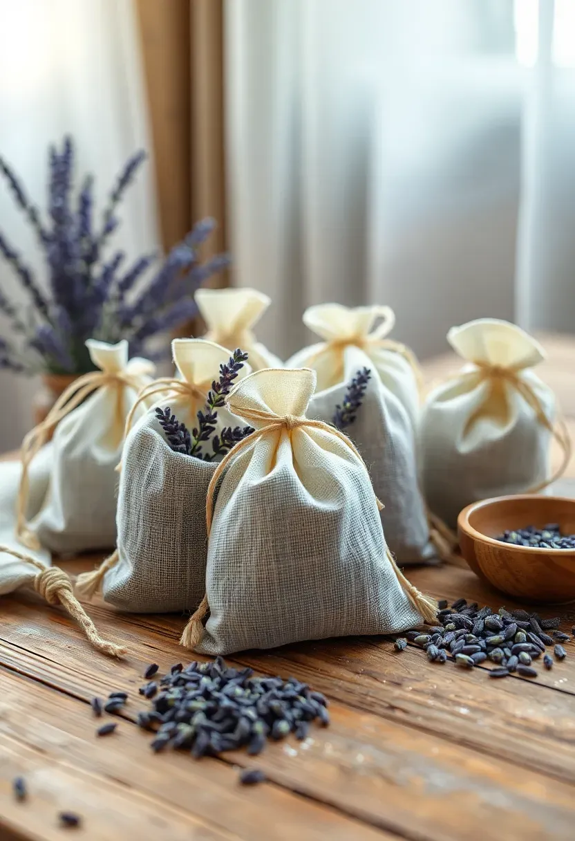 handmade lavender sachets in muslin bags with dried purple flowers on wooden table