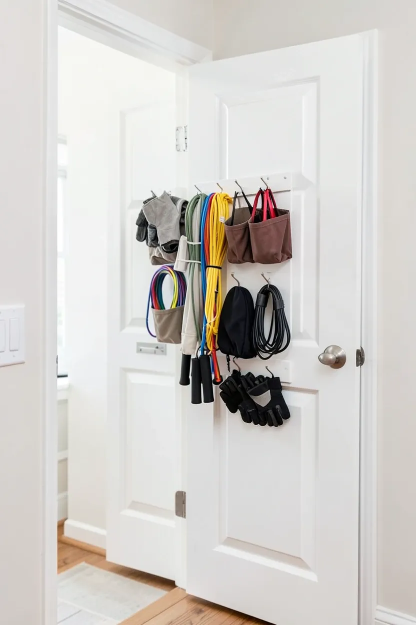 Over-door storage rack with hooks and pockets holding jump ropes and resistance bands — renter-friendly gym storage