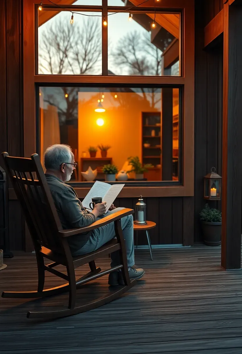 Hyper-realistic lifestyle shot of tiny house porch scene showing resident reading in rocking chair, coffee on small table, string lights overhead, sunset glow. Through large window, visible cozy interior with warm lighting and plants. Materials: wood decking, metal outdoor lantern, ceramic mug. Golden hour warm lighting, peaceful solitary moment. Intentional living mood, no text or logos.</p>