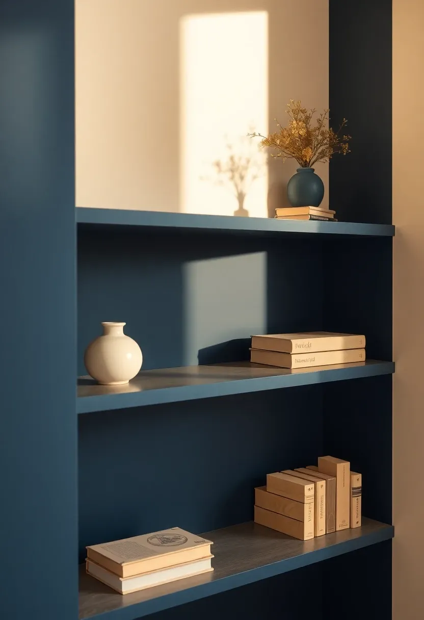 Built-in shelves painted navy