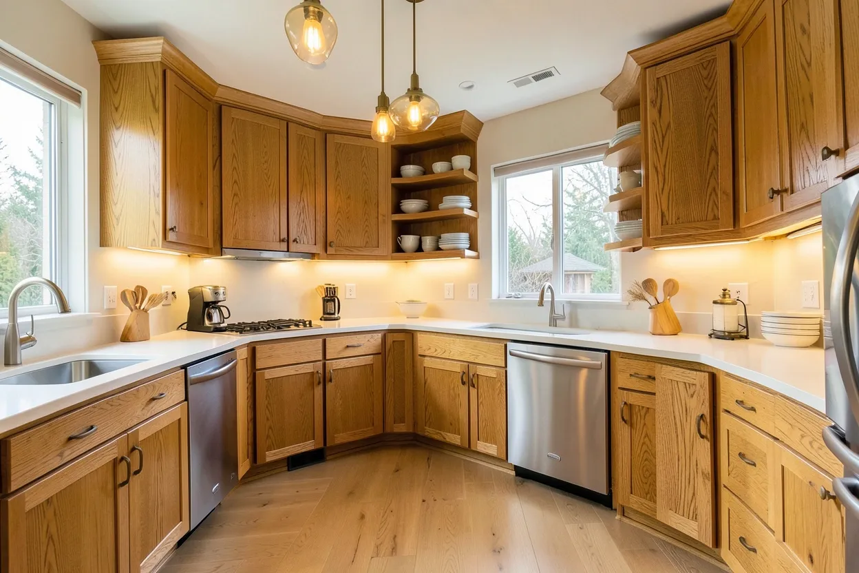 Warm wood kitchen with natural oak cabinets, butcher block countertops, and open shelving — cozy renter-friendly kitchen design inspiration