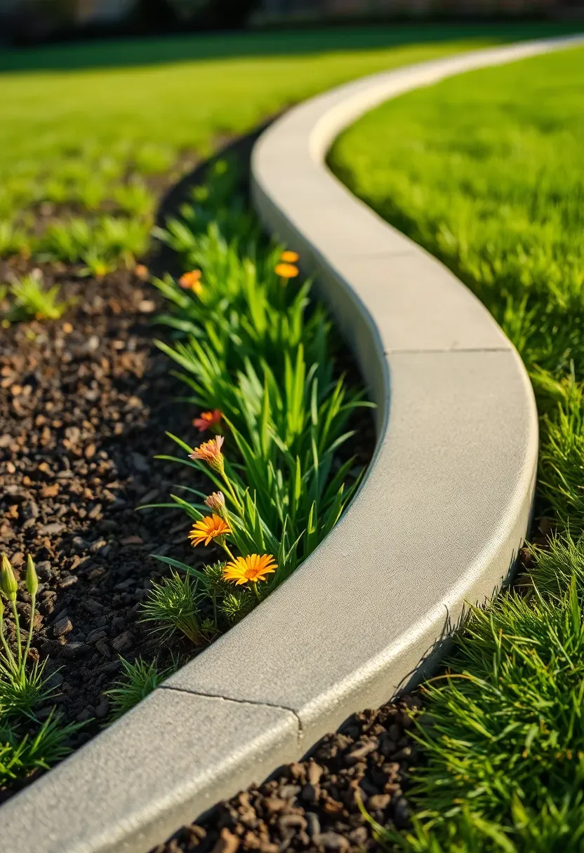 Clean concrete curb edging separating a green lawn from a mulched flower bed with a smooth curved profile