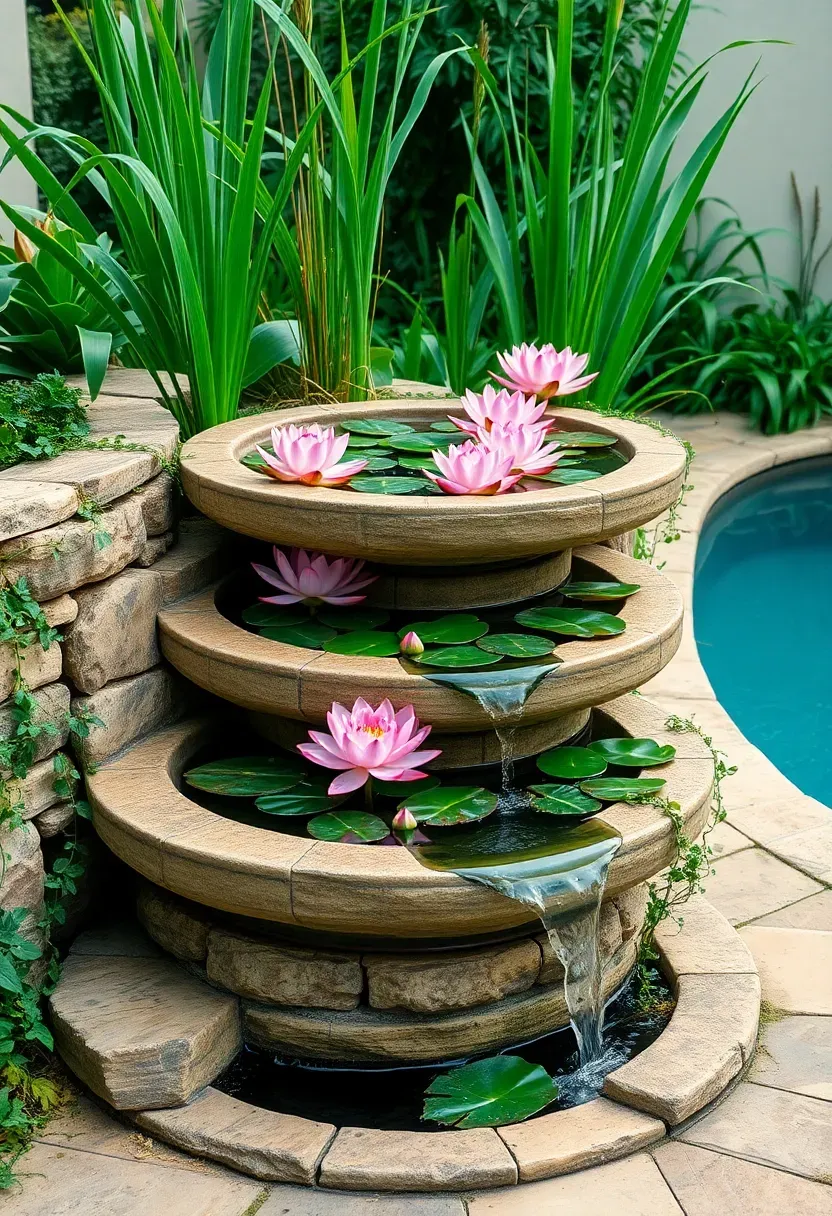 Multi-level water garden next to a pool with tiered stone basins, aquatic plants, water lilies, and gentle cascading water flowing toward the main pool