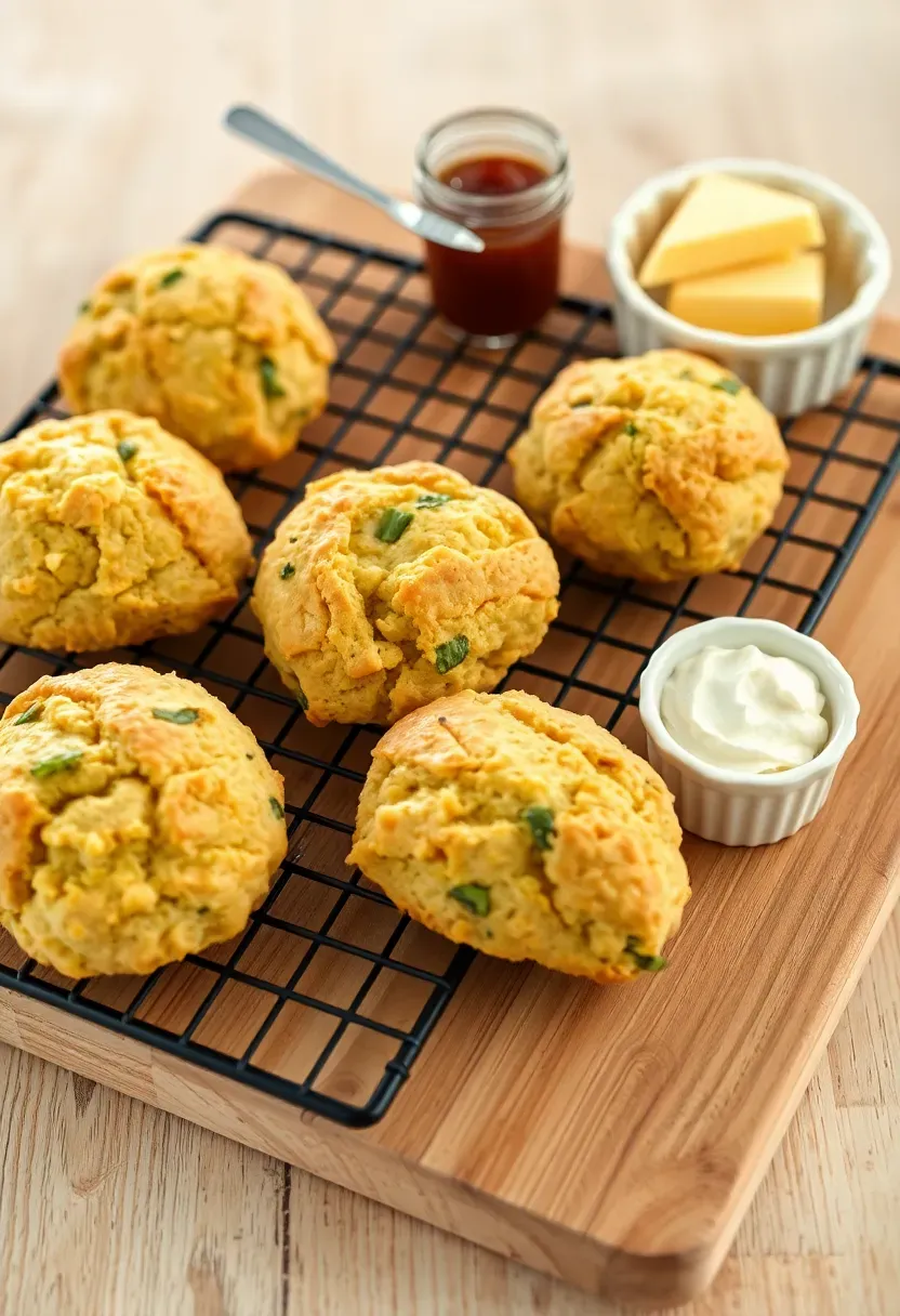 savory herb scone bites with cheddar cheese on a wire cooling rack with butter and jam at a baby shower brunch