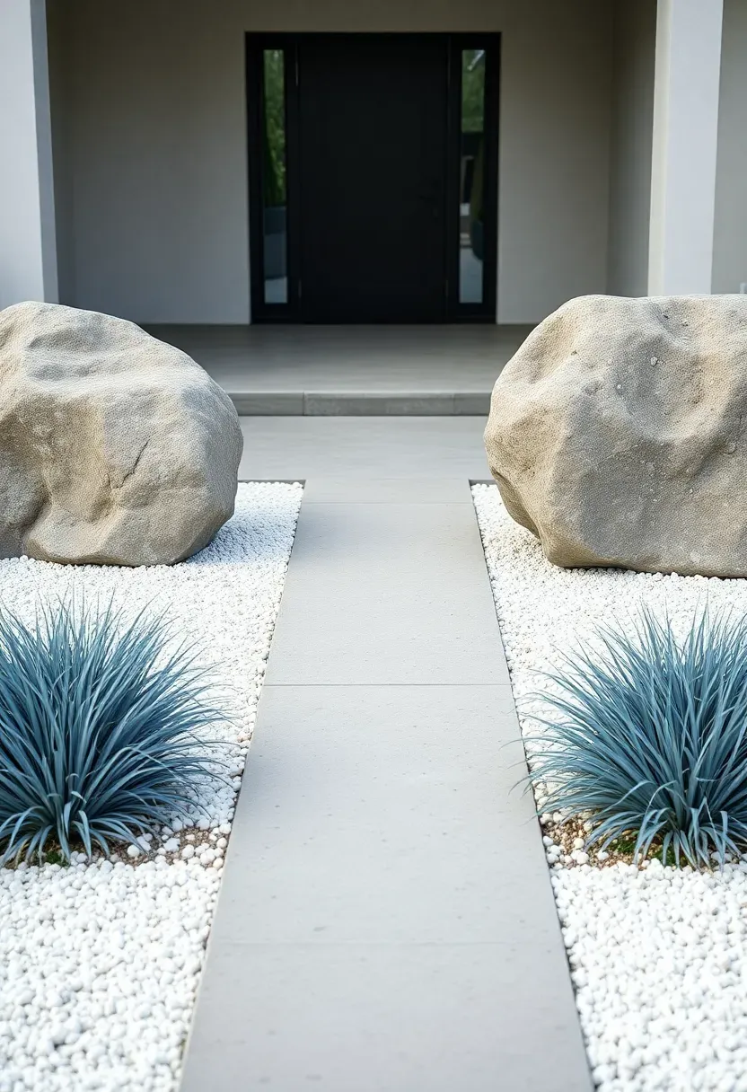 Minimalist front entry rock garden with smooth river boulders, fine white gravel, and ornamental grasses flanking a concrete path