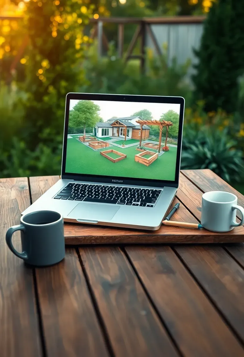 3D model of a backyard patio and garden created in SketchUp software with realistic materials and shadows