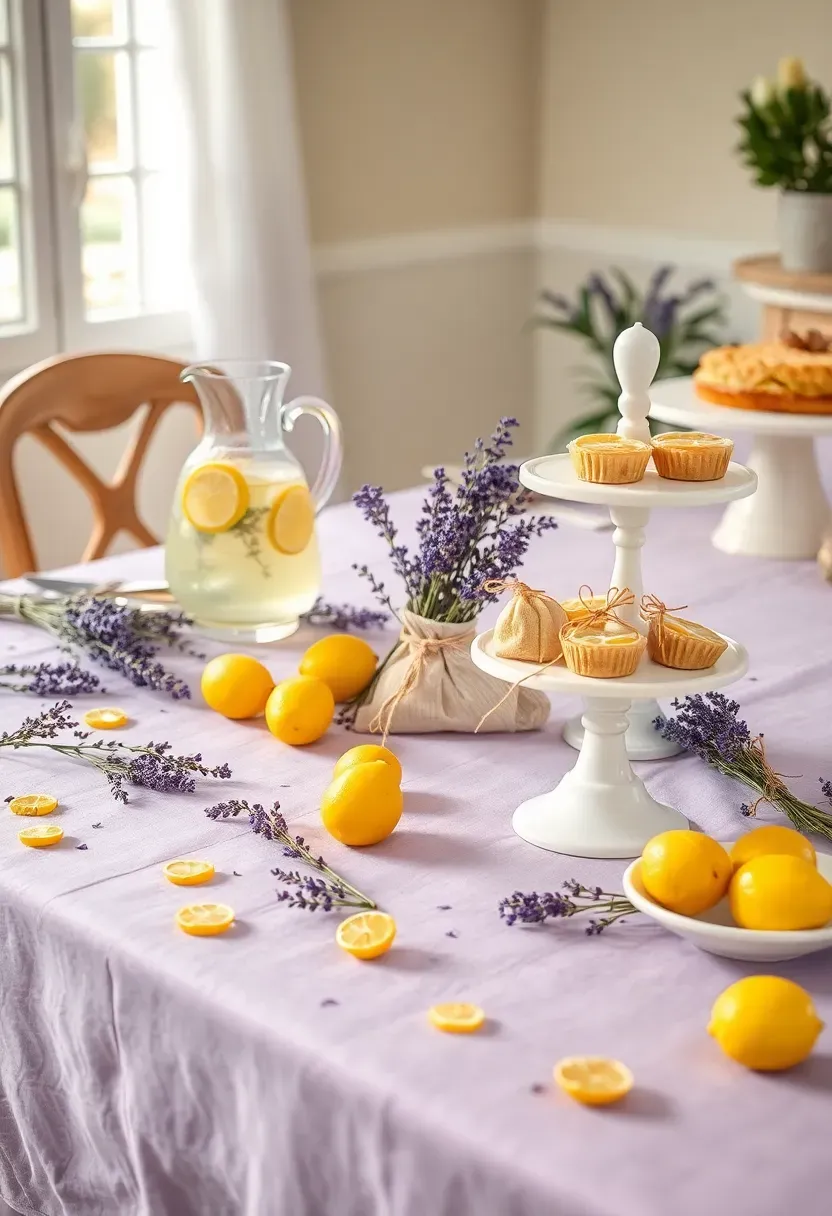 lemon and lavender themed baby shower brunch with pale purple linens lemon slices dried lavender sprigs cake and lemonade pitchers on an elegant table