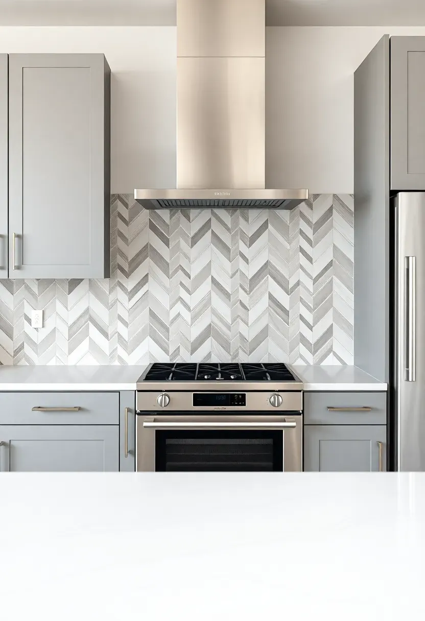 white and gray chevron pattern porcelain backsplash tile creating V-shaped zigzag behind a contemporary kitchen island