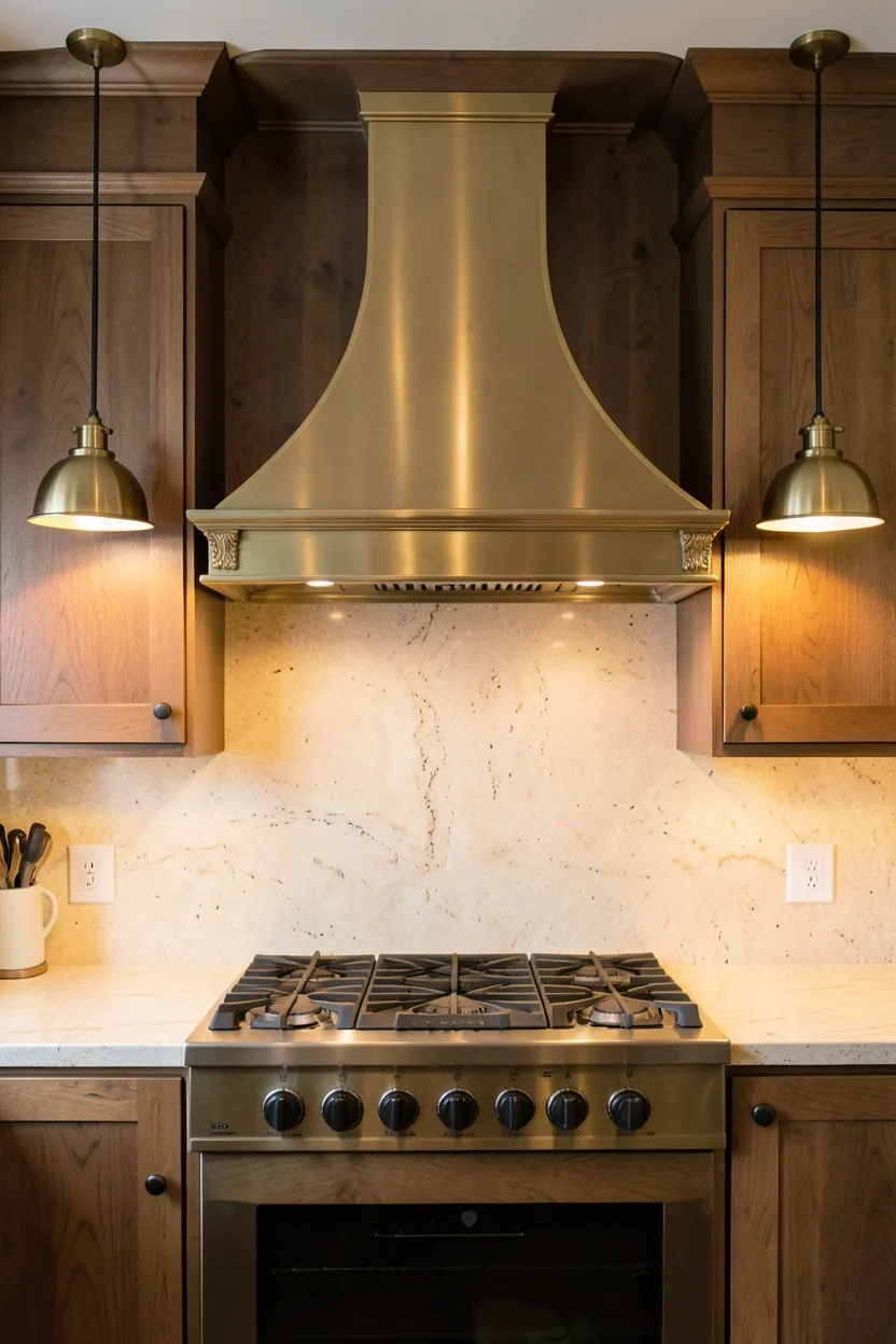 Hyper-realistic eye-level photograph of a kitchen with statement range hood as focal point. Large professional range hood in warm brass finish positioned prominently above cooktop. Hood features arched top and decorative brackets creating architectural interest. Surrounding upper cabinets in warm walnut. Countertop in honed travertine in warm cream. Warm brass pendant lights flank the hood creating symmetrical warm glow. Warm ambient lighting highlights brass's golden reflection. Clean backsplash area. No text, no logos, no watermarks.</p>