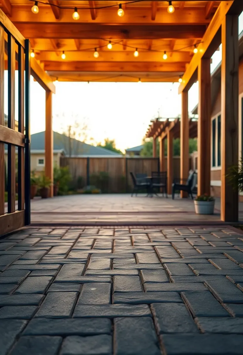 Herringbone pattern concrete pavers extending from a driveway into a backyard entertaining space