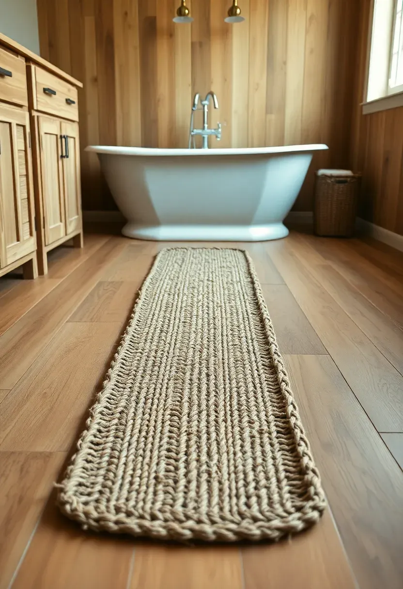 long natural jute runner on bathroom floor between vanity and tub
