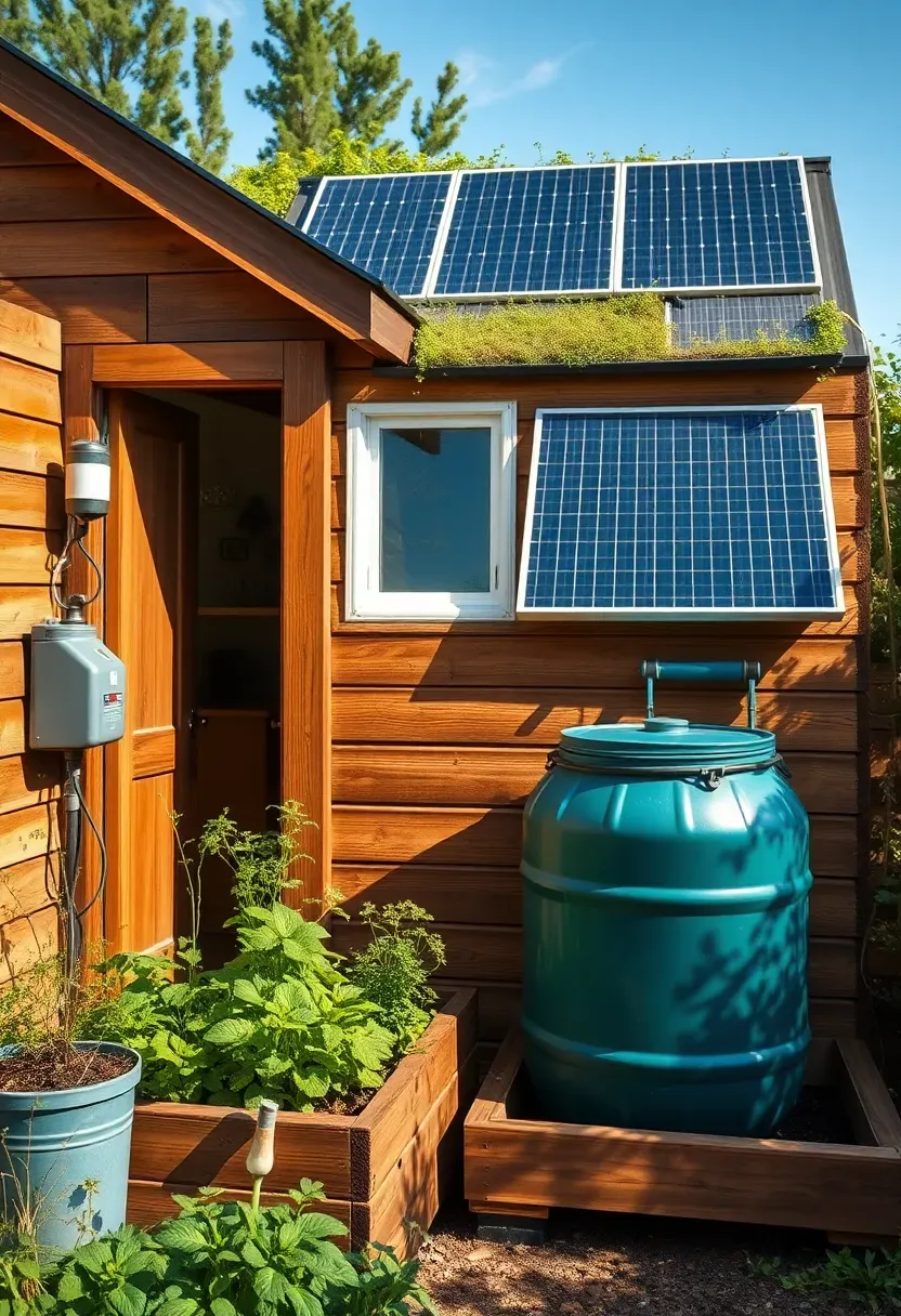 Hyper-realistic 3/4 view of an eco-friendly tiny house with solar panels on the roof, rainwater collection barrels, and a small garden bed. Materials: reclaimed wood siding, living green roof section, recycled metal accents. Bright natural daylight showing eco-features clearly. Sustainable harmony mood with native plants and visible solar equipment. Shallow depth of field, sharp environmental details, balanced eco-conscious composition. No text, no logos, no watermarks.</p>
