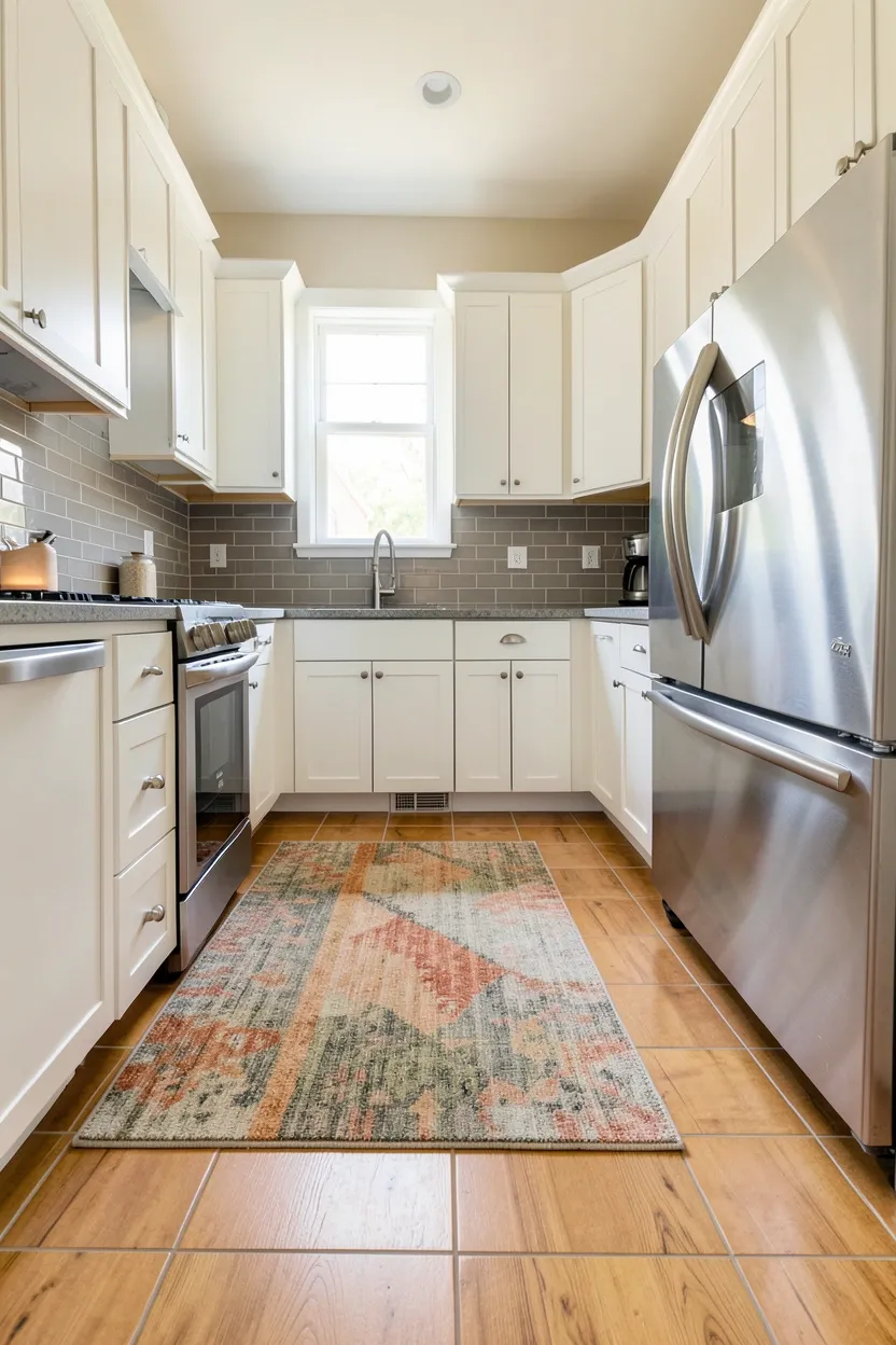 Warm wood-look porcelain floor tiles with rustic honey oak grain pattern in a small apartment kitchen