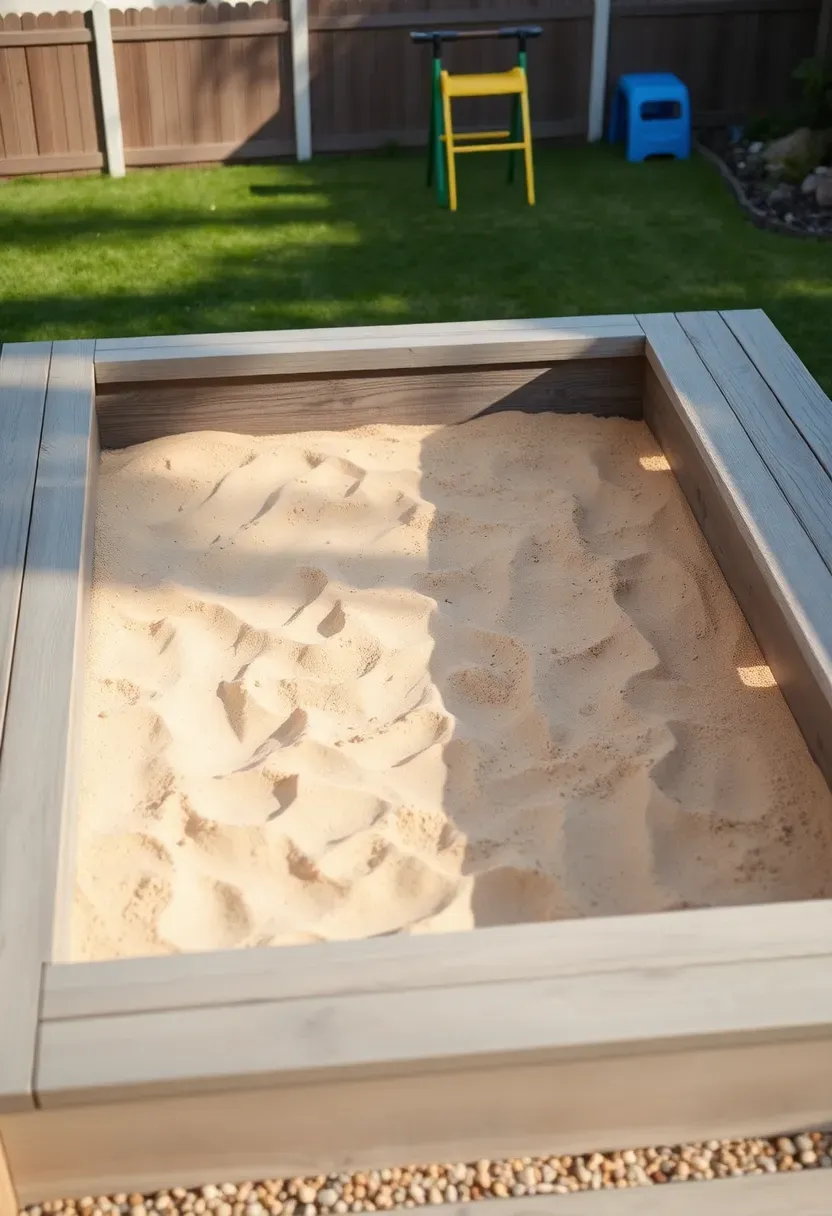Rectangular backyard sand play pit with built-in bench seats, a fabric cover rolled back, and a visible gravel drainage layer on one side