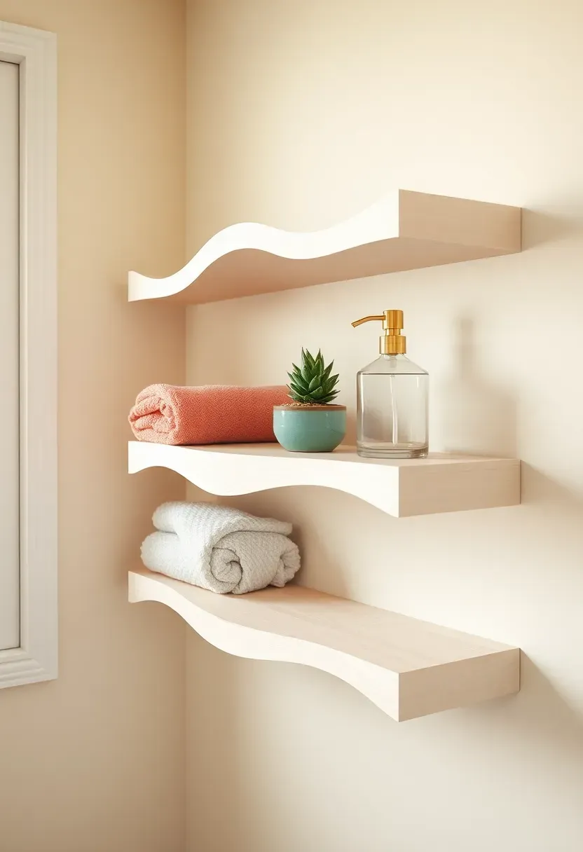 Floating bathroom shelves with wavy irregular edges holding coastal decor and toiletries