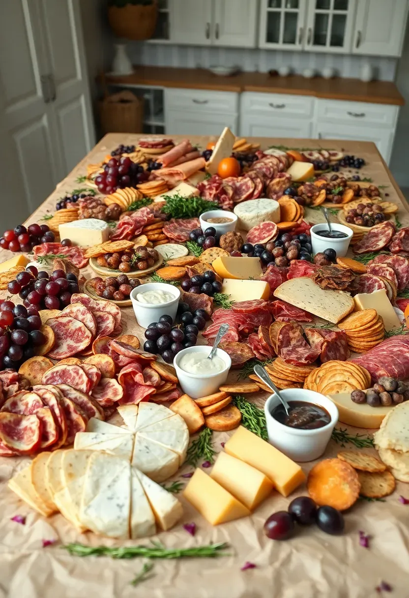 Large grazing table filled with meats, cheeses, fruits, dips, crackers, and flowers for a big crowd celebration