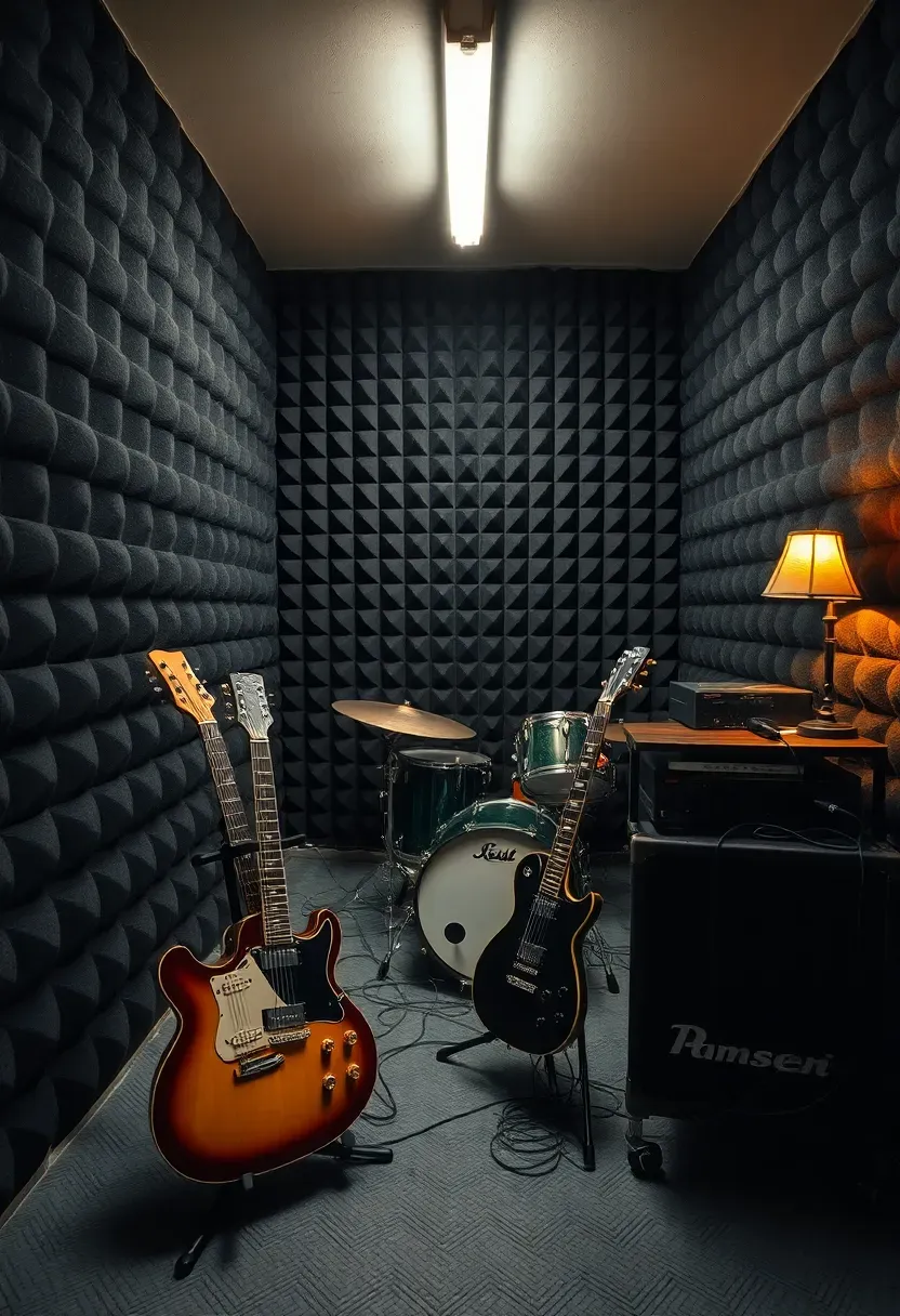Soundproofed garage band rehearsal space with acoustic foam walls, drum kit, guitar racks, amplifiers, stage lighting, and mixing desk in corner