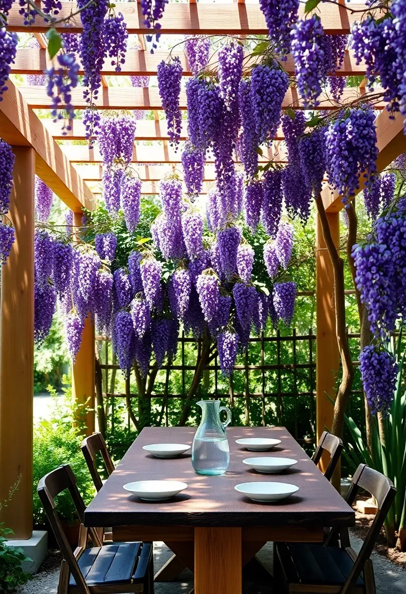 Wooden pergola sunroom with mature wisteria vines creating a natural canopy, a rustic dining table below, and filtered sunlight casting purple-tinted shadows
