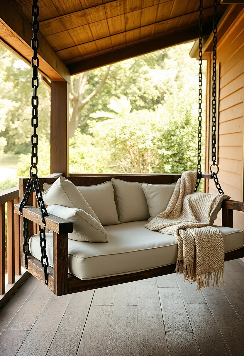 Wide porch swing daybed with thick mattress cushion, bolster pillows, and cotton throw blanket