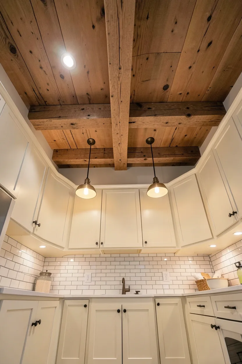 Rustic farmhouse kitchen with dark walnut exposed ceiling beams above white shaker cabinets and stone countertops