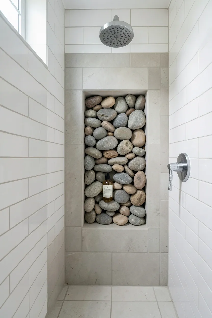 Hyper-realistic eye-level photograph of a modern earthy bathroom shower showing built-in tiled niche lined with smooth river rocks in natural gray and brown tones, glass bottle of shampoo visible, white subway tile walls surrounding niche, chrome shower head. Natural light. Materials: smooth river rocks, white ceramic tiles, chrome fixtures. Natural rock niche texture. Organic river stone details. No text, no logos, no watermarks.</p>