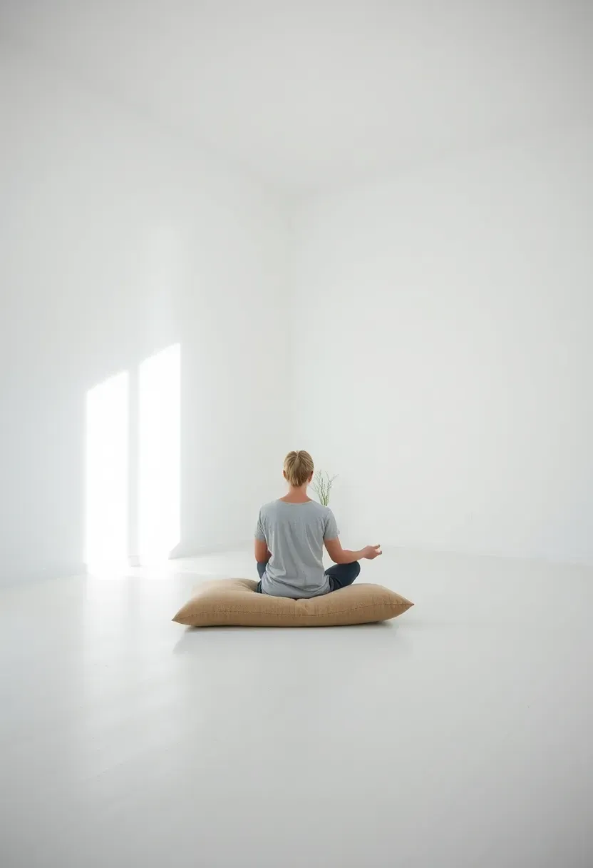 Hyper-realistic view of mental decluttering practice. Person meditating in extreme minimalist space: simple cushion on floor, empty room with white walls, maybe one small plant or candle. No distractions visible. Physical emptiness reflecting mental emptiness. Soft natural light, serene atmosphere. Mindfulness practice mood showing how physical minimalism supports mental clarity through removal of external stimuli that occupy attention.</p>