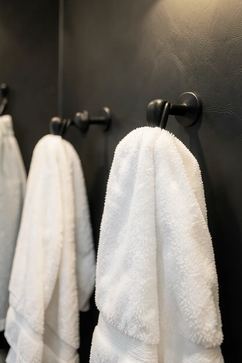 Leather-wrapped towel hooks mounted on a bathroom wall holding white and oatmeal towels, adding a refined renter-friendly touch