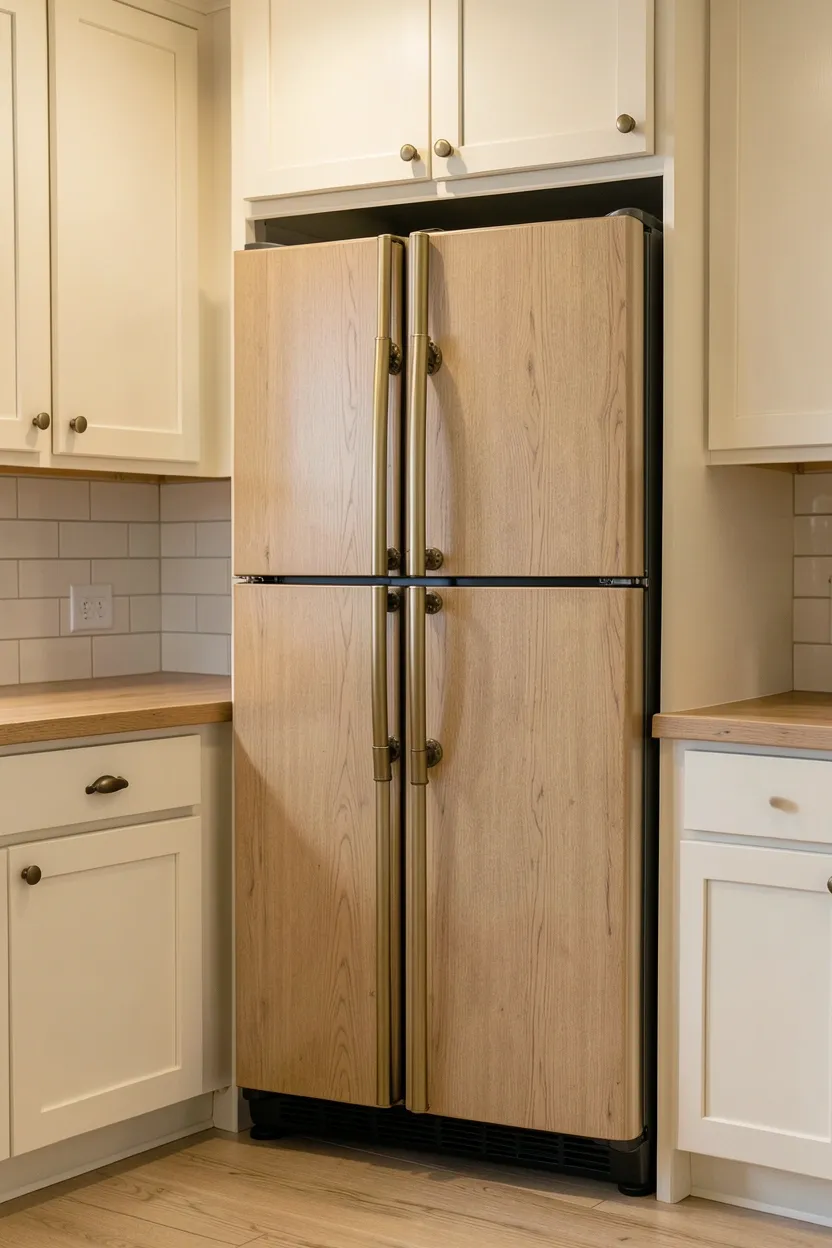 Paneled refrigerator disguised behind shaker-style wood cabinet doors in a cohesive farmhouse kitchen