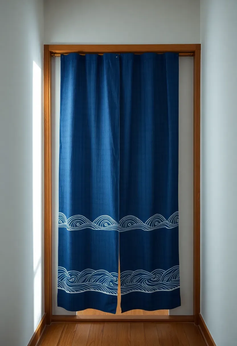 Hyper-realistic straight-on view of noren curtain in Japanese tiny house doorway. Blue indigo noren with white wave pattern hanging in doorway, split center allowing passage through to kitchen beyond. Noren features subtle Japanese design, weighted bottom hem. Materials: cotton fabric, wooden hanging rod, wood doorframe, white walls. Soft natural light from both sides, fabric partially translucent. Shallow depth of field showing fabric texture and pattern details. Authentic Japanese doorway treatment mood.</p>