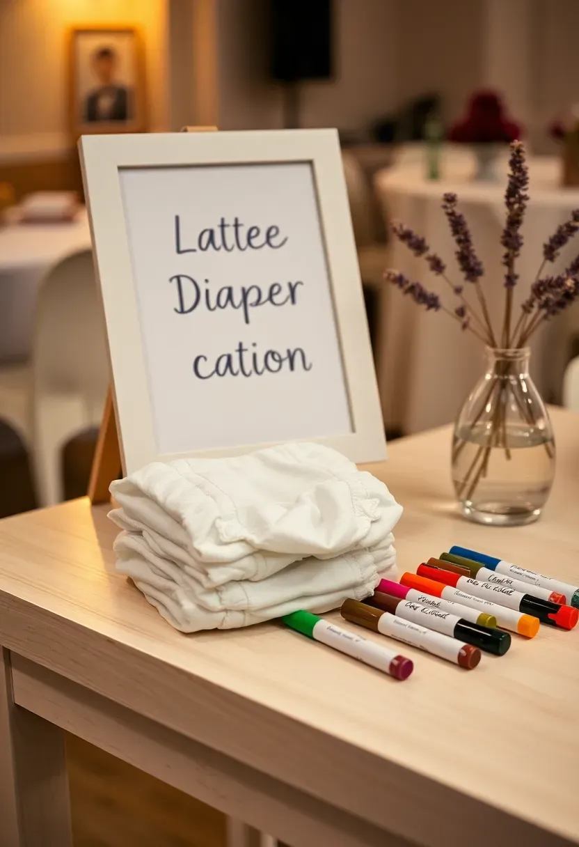 late night diaper messages sign at a baby shower reading write a message on a diaper for those 2am changes beside a stack of plain white diapers and colorful markers