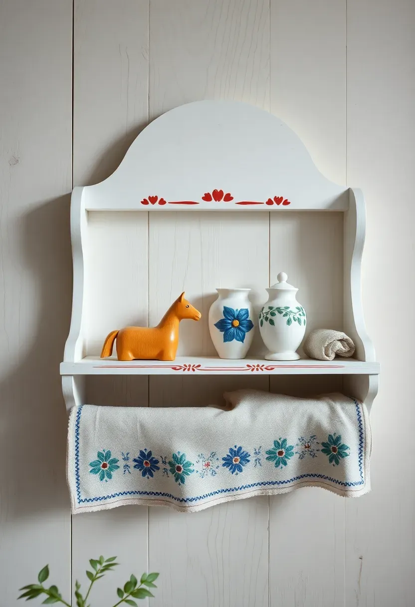 Scandinavian folk art wall shelf with rosemaling-painted border holding Dala horses, a blue-motif ceramic jar, and hand-embroidered linen cloth on birch panel wall