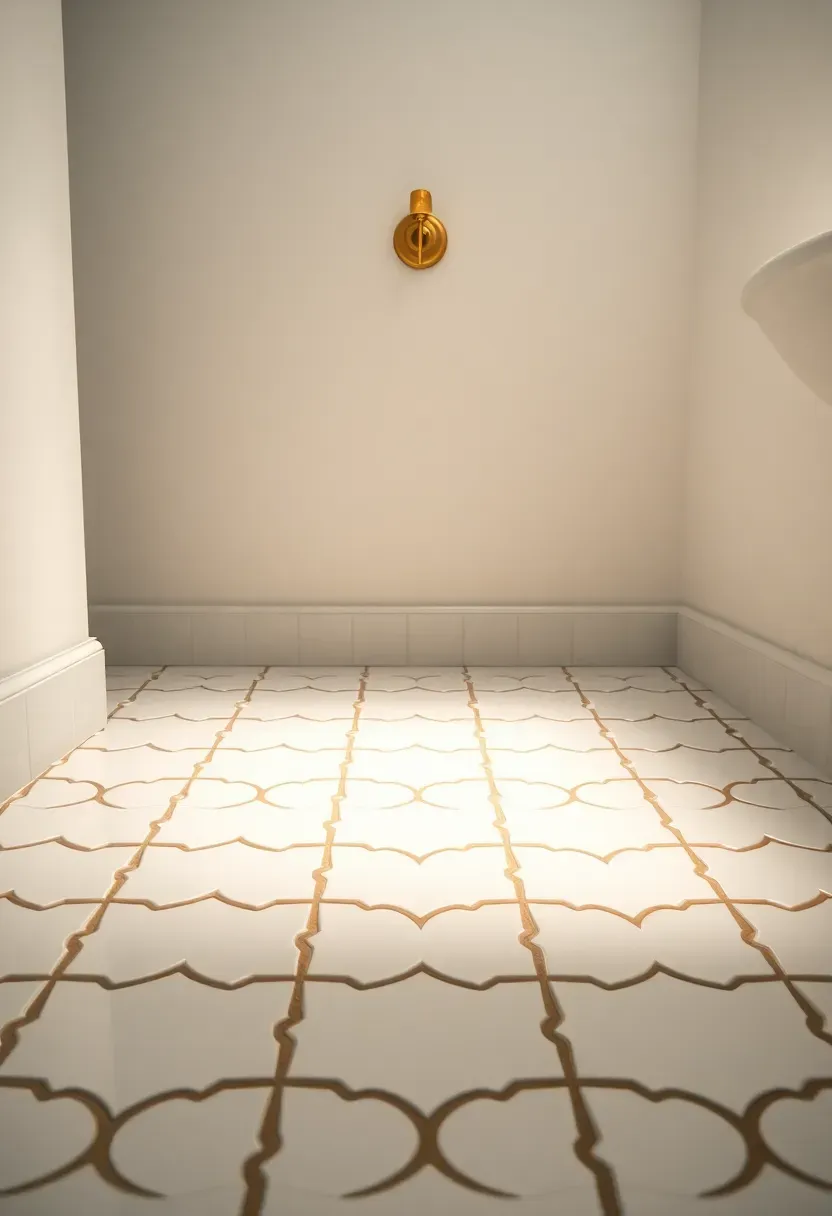 White arabesque shaped tiles with a glossy glaze on a bathroom floor reflecting soft natural light